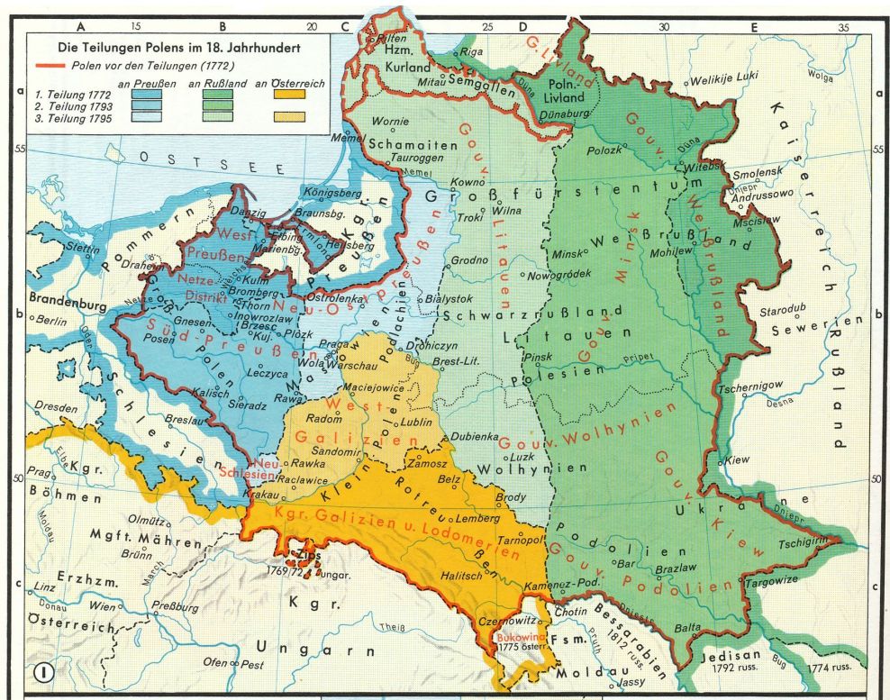 Map The Partitions of Poland in the 18th Century