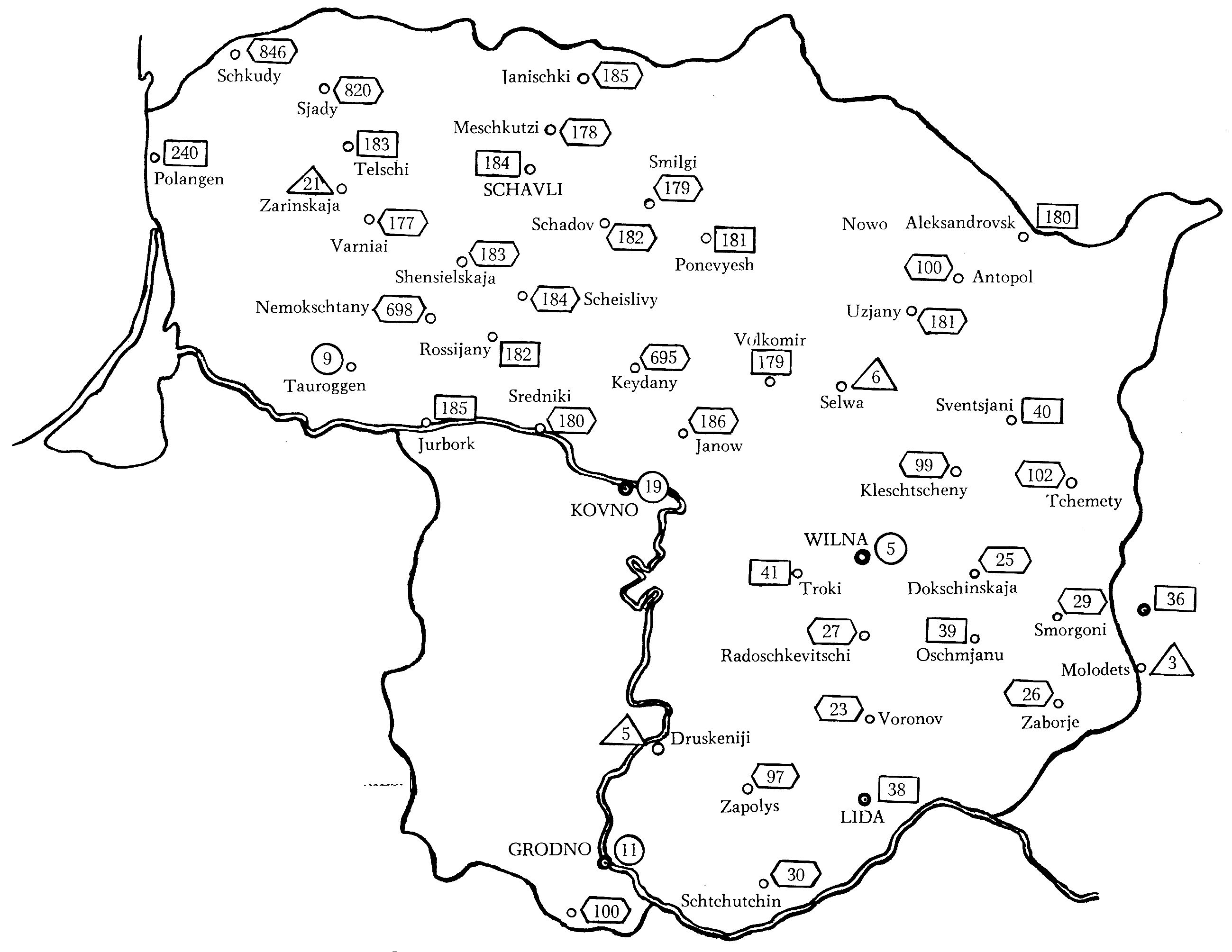 Karte Verwendung russischer Punktnummernstempel auf dem Gebiet Litauens