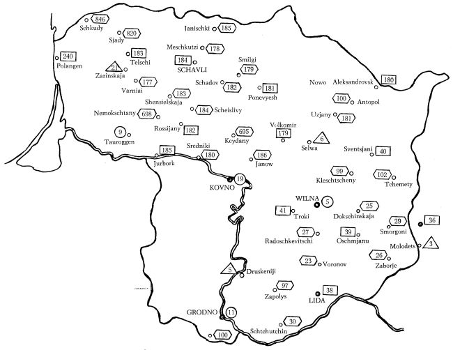 Karte Verwendung russischer Punktnummernstempel auf dem Gebiet Litauens