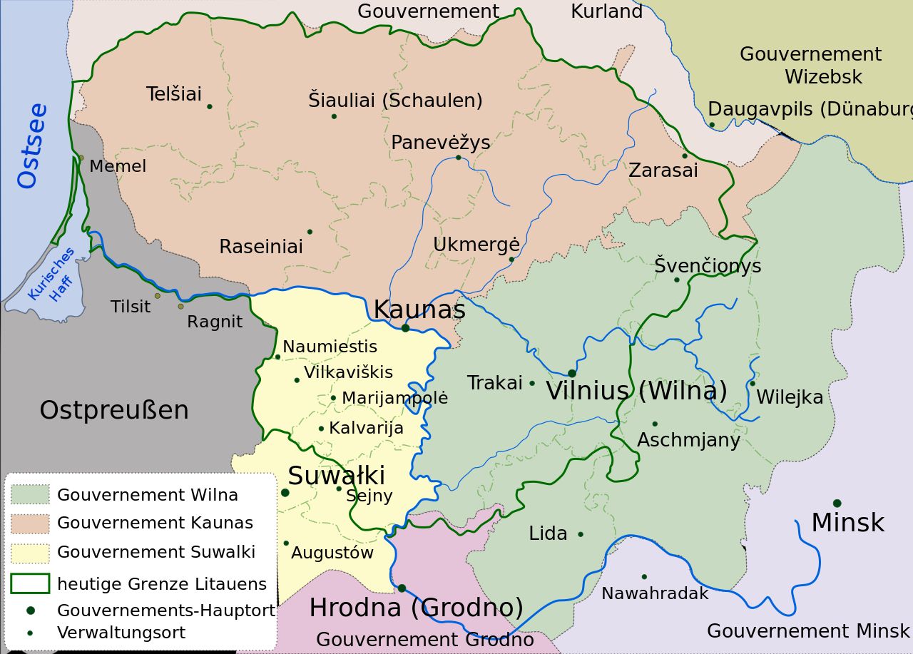Map of Russian governorates on the territory of Lithuania