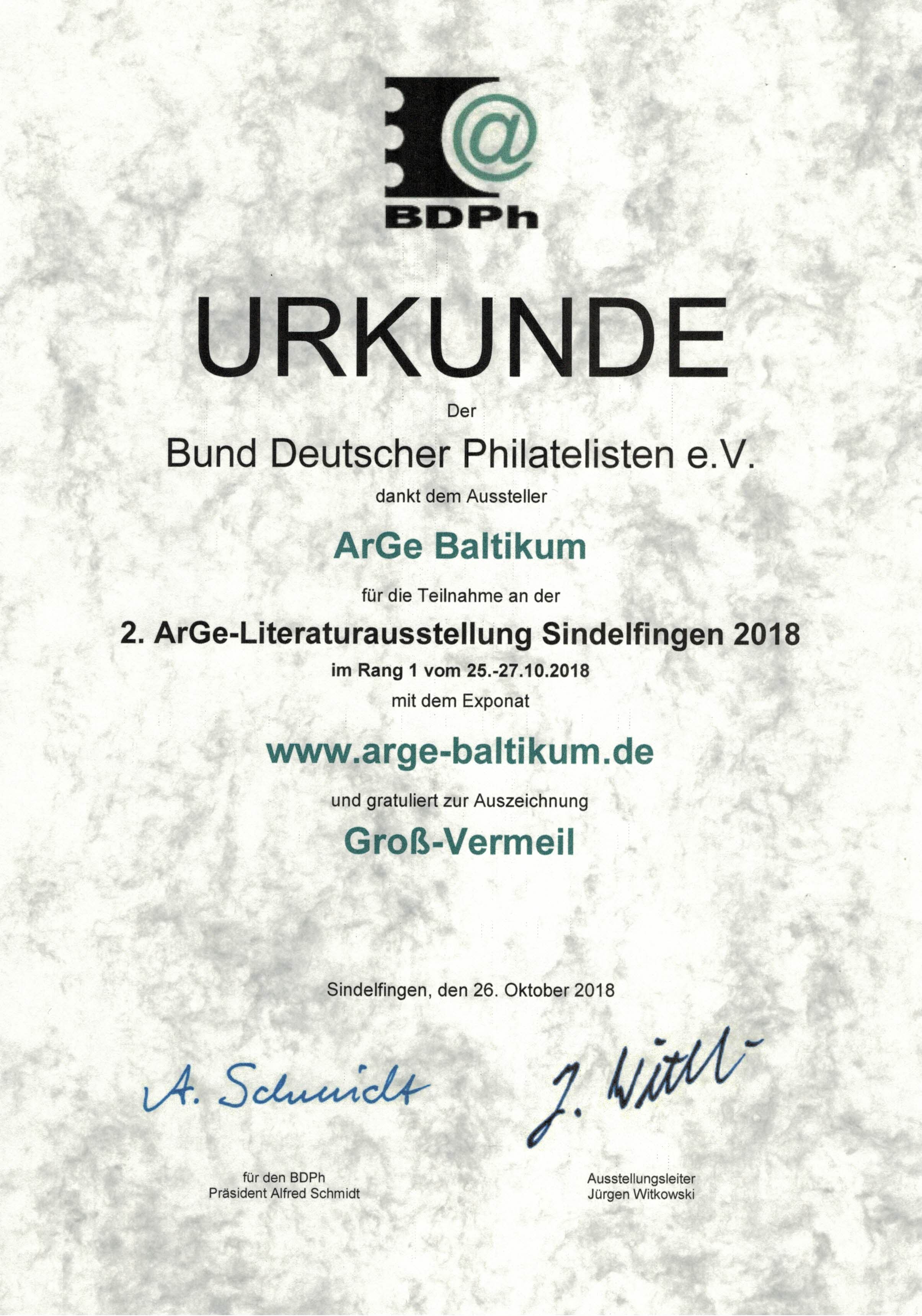 Large Vermeil for the website www.arge-baltikum.de at the 2nd ArGe literature exhibition Sindelfingen 2018