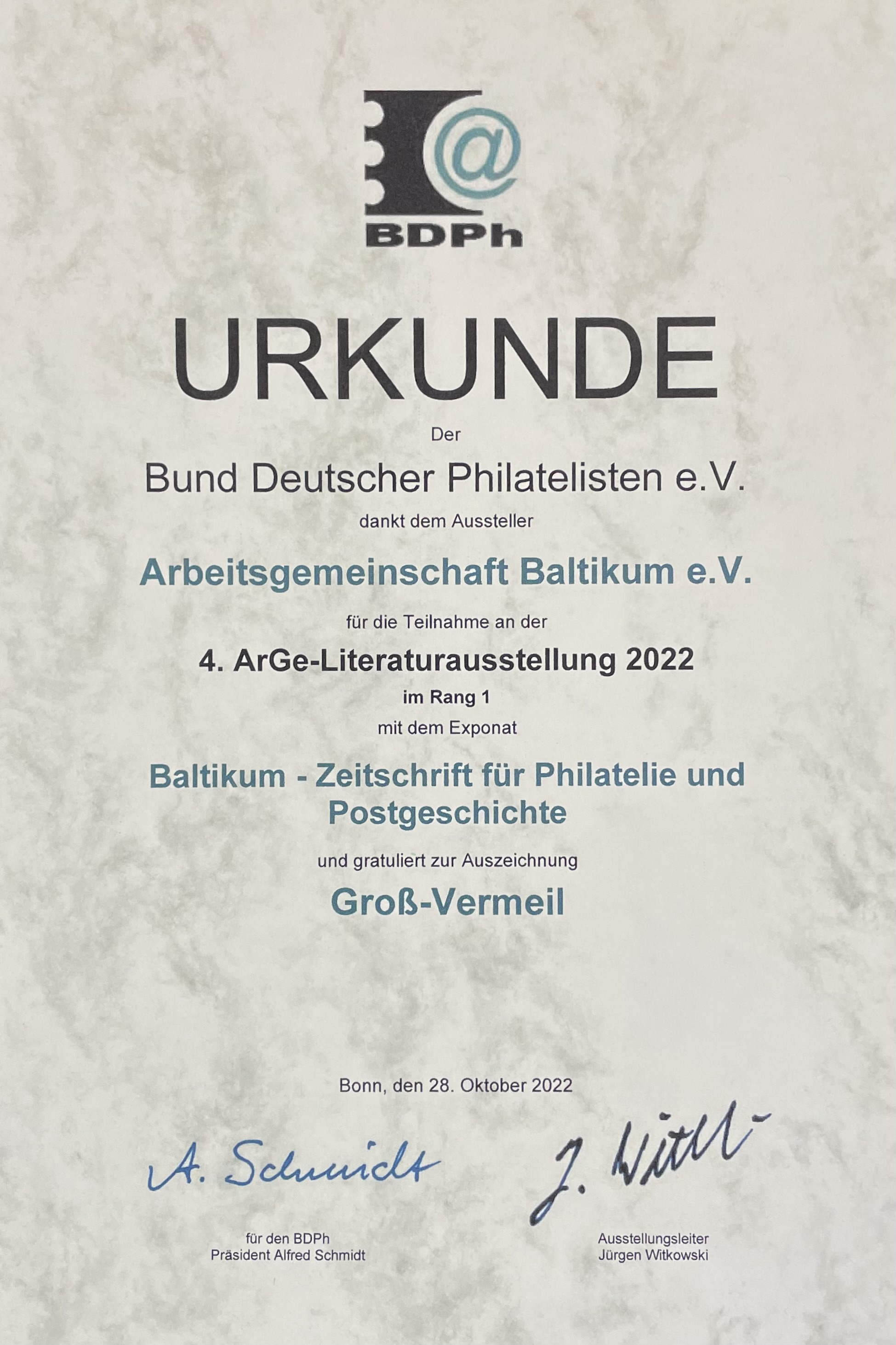 4. ArGe-Literaturausstellung des BDPh 2022: Groß-Vermeil (84 P.) für die BALTIKUM