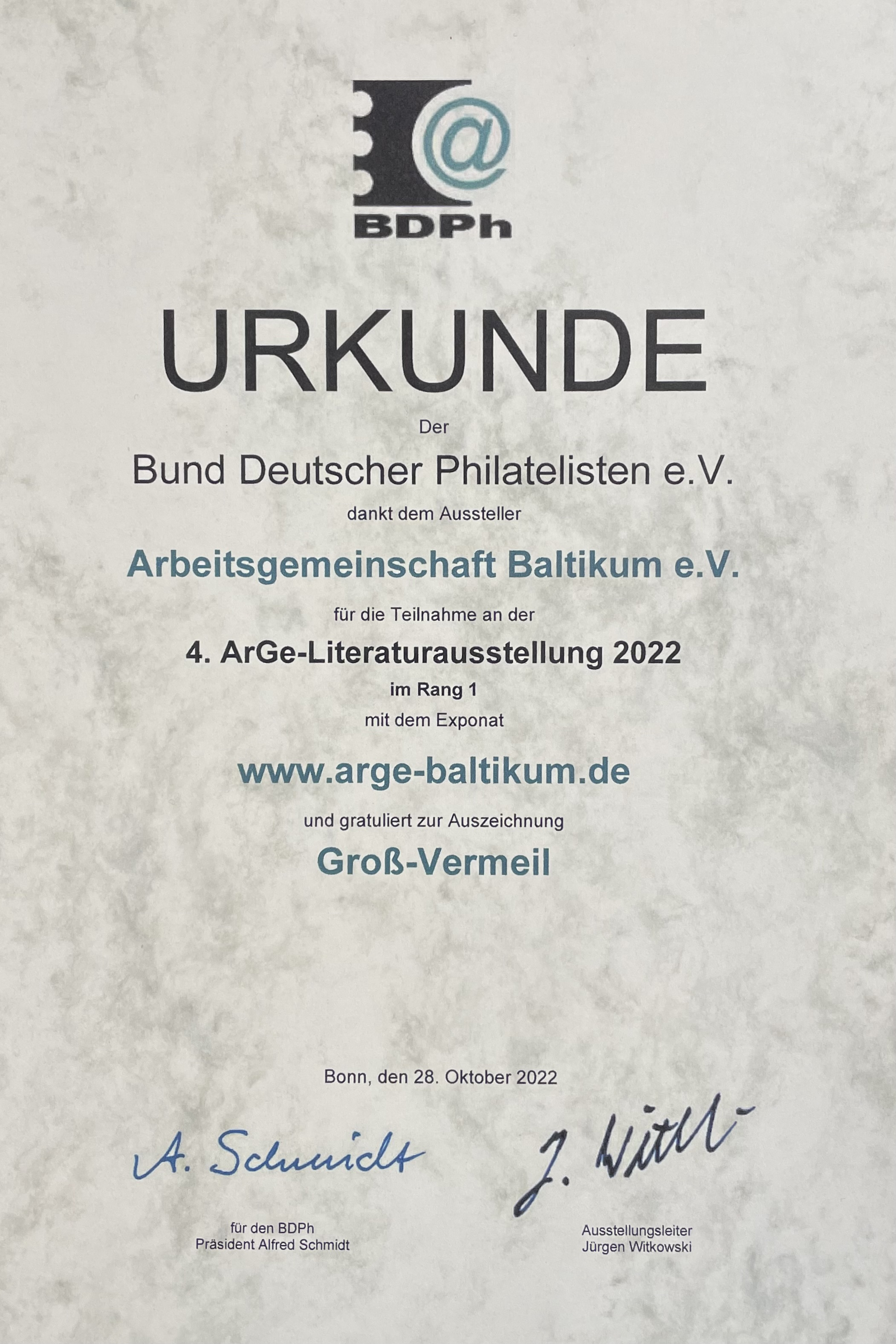 4. ArGe-Literaturausstellung des BDPh 2022: Groß-Vermeil (83 P.) für das Web arge-baltikum.de