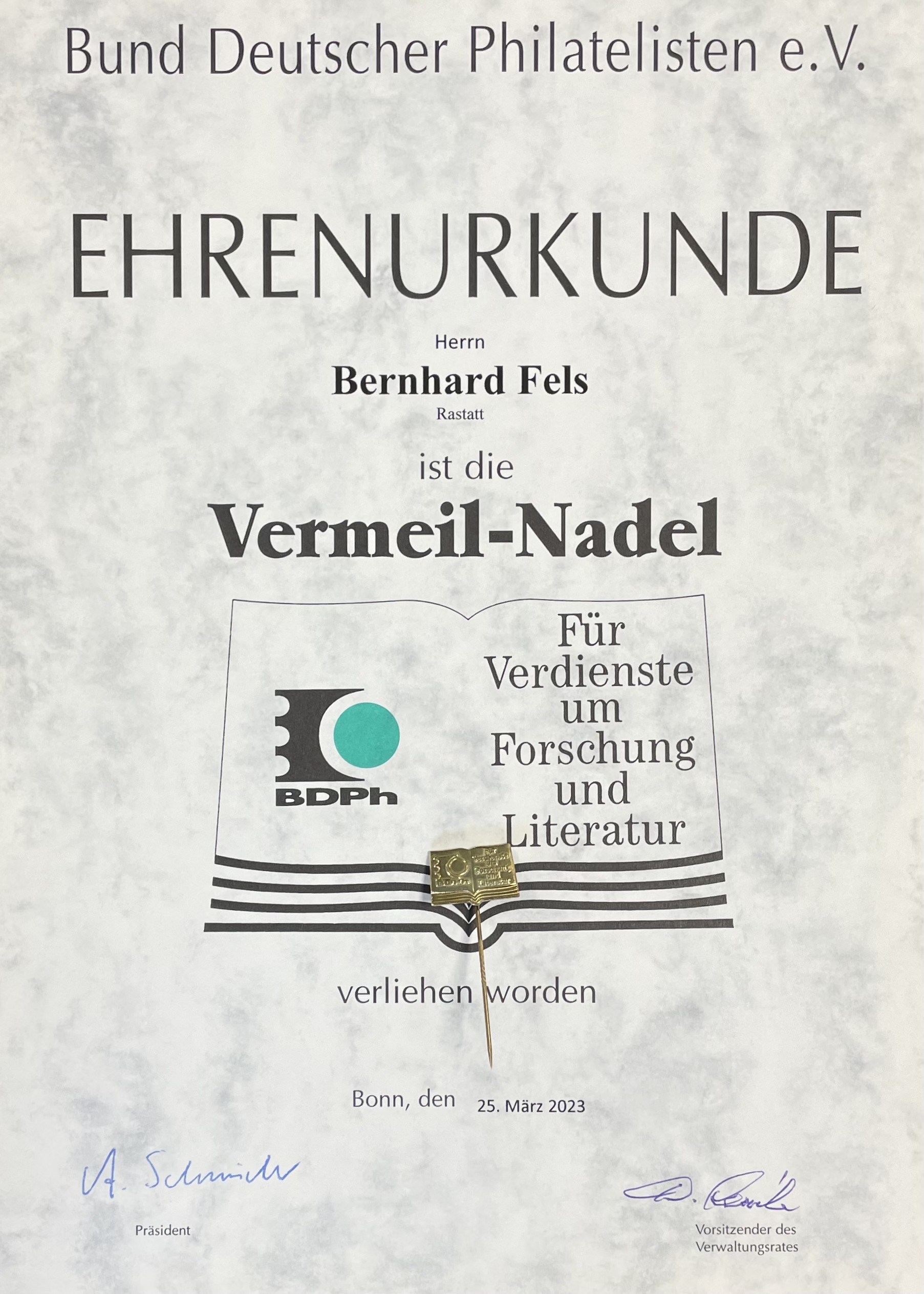 Vermeil Certificate of Honour for Bernhard 'Tony' Fels