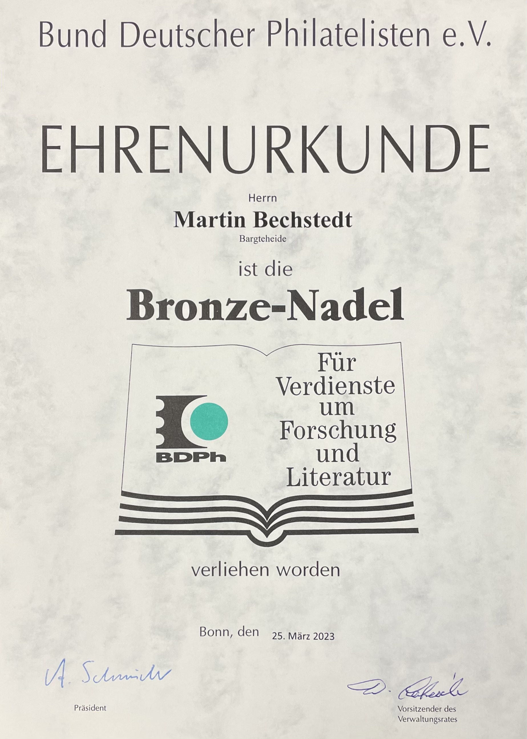 Bronze-Ehrenurkunde für Martin Bechstedt