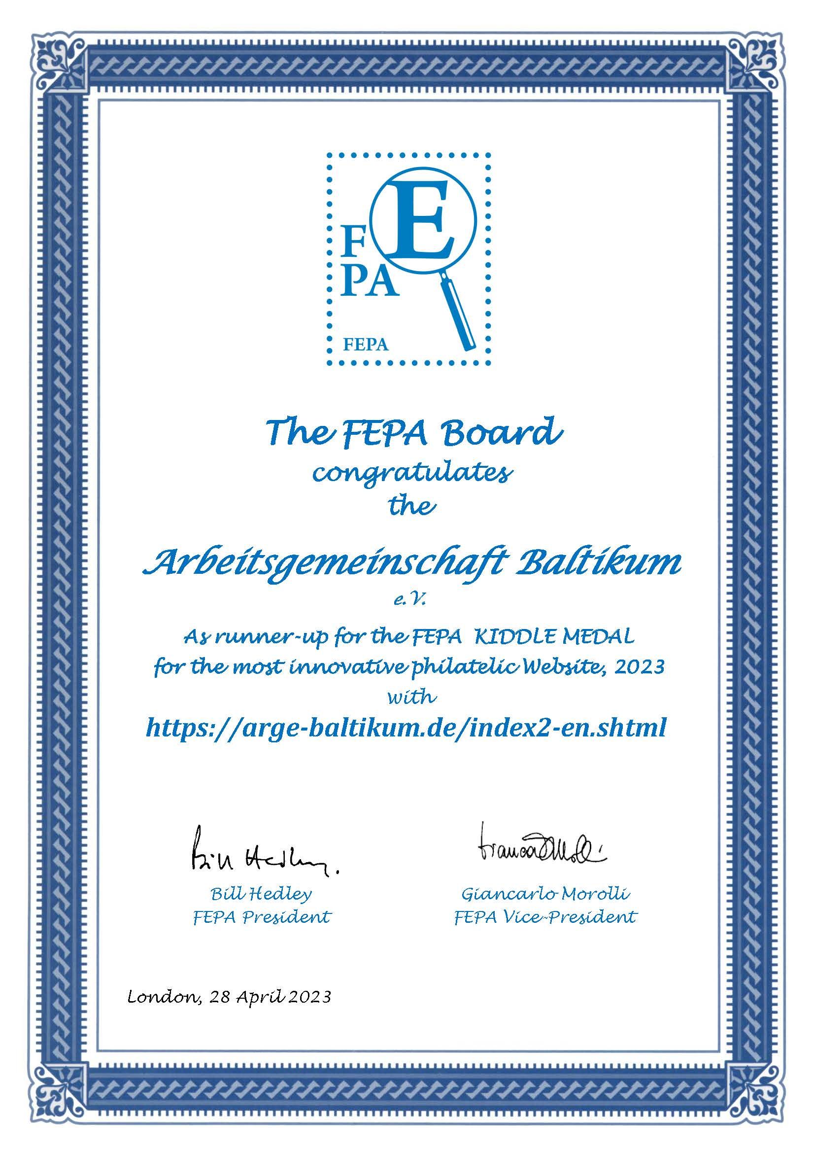 The ArGe Baltikum web is one of the 5 most innovative philatelic webs in Europe in 2023, it is a finalist for the FEPA Francis Kiddle Medal.