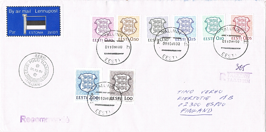 Cover 1991 from Tallinn to Espoo in Finland with the first Estonian stamps