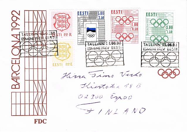 Cover 1992 from Tartu to Espoo with the first Kroon stamps