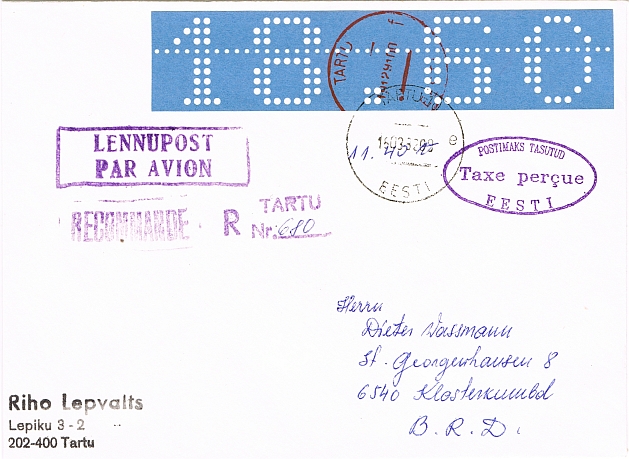 Cover 1992 from Tartu to Klosterkumbd / Germany with striped stamps from Tartu