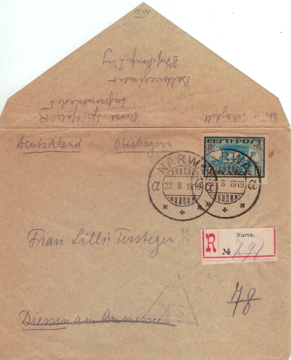 Letter 1919 from Pleskau via Narwa and Talinn to Diessen with war control postmark