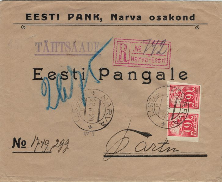 Cover from Narva to Tartu with 8+10 Marka weaver & smith stamps