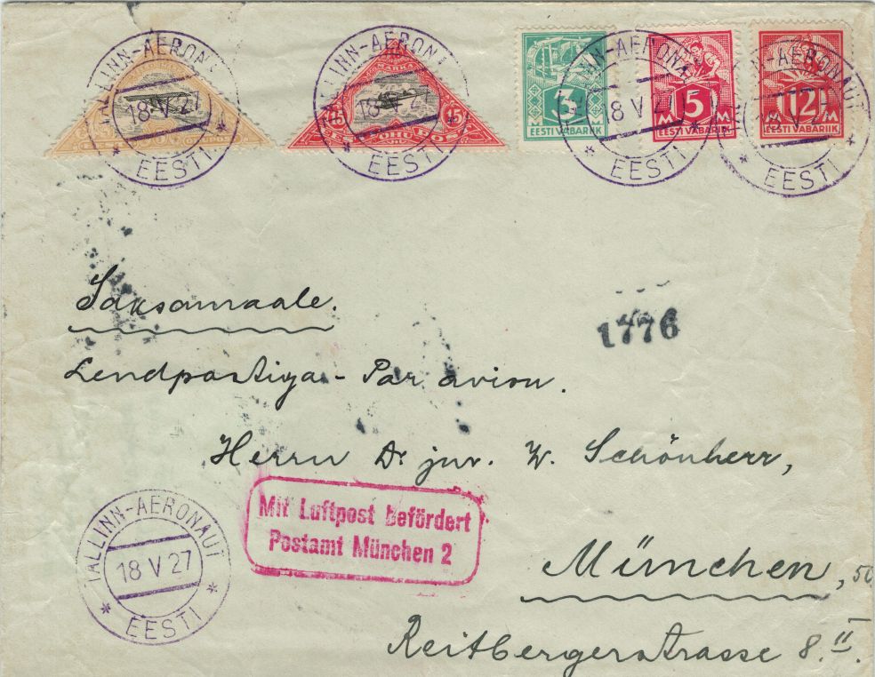 Brief mit endgültigen Flugpostmarken 1927 an Dr. Schönherr