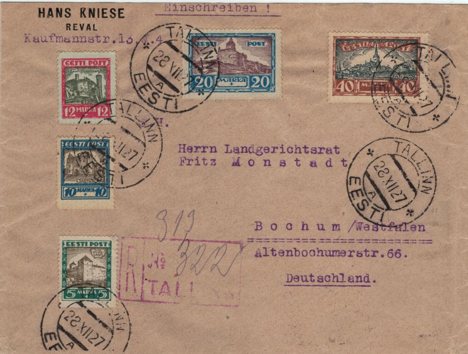 Satz-Einschreibebrief 1927 von Tallinn nach Bochum