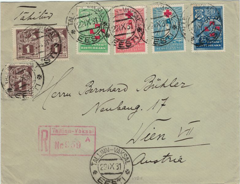 Cover 1931 from Tallinn to Vienna with Red Cross surcharge stamps
