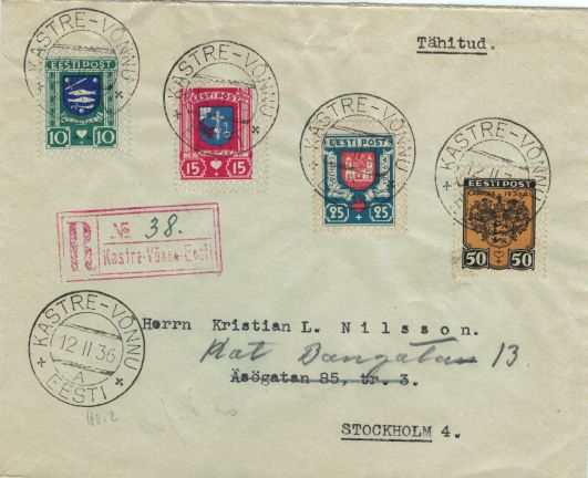 Letter 1936 from Kastre-Võnnu to Stockholm Surcharge stamps