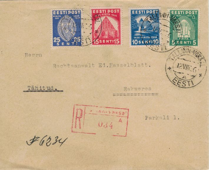 R letter 1936 from Tallinn to Rakvere
