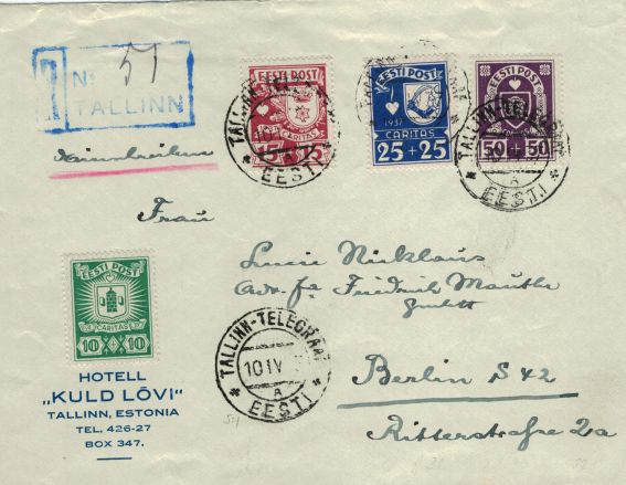 Letter 1937 from Tallinn-Telegraf to Berlin with surcharge stamps