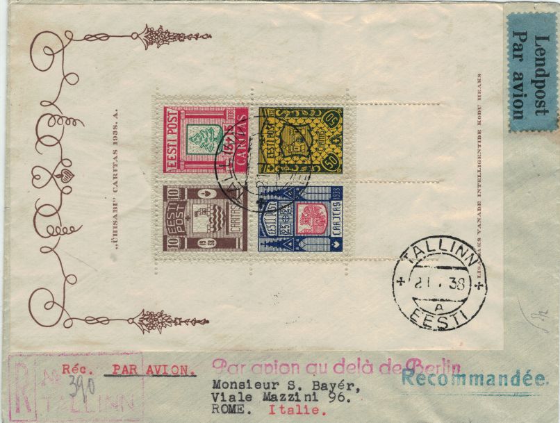 First day airmail cover 1938 from Tallinn via Berlin to Rome
