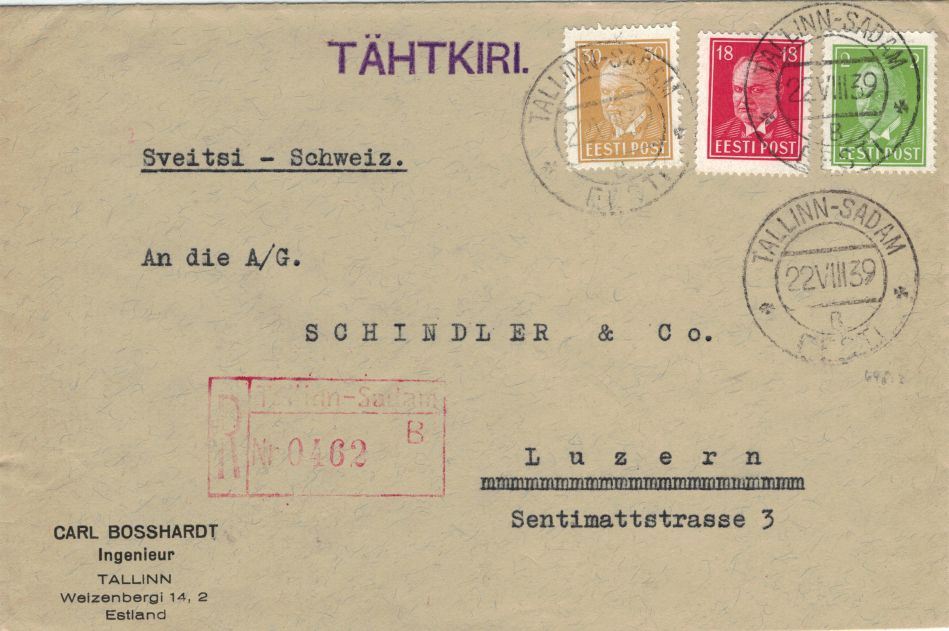 Letter 1939 from Tallinn to Lucerne