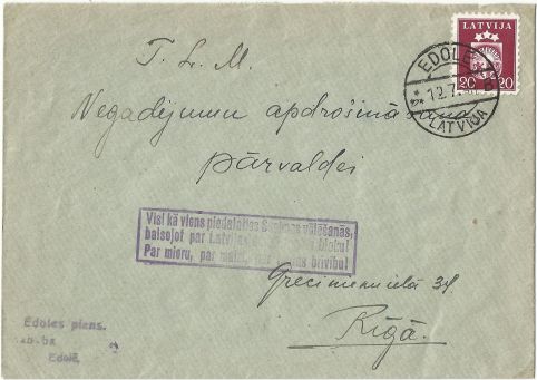 Brief von Edole nach Riga, 12. Juli 1940, mit offiziellem Werbestempel