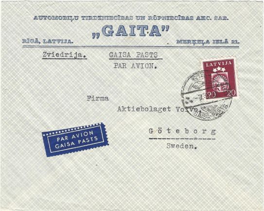 Airmail cover complete Latvian, 1940