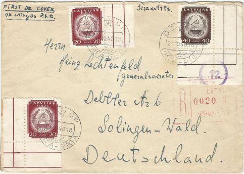“First Day Cover” of October 21, 1940 with the first values of 20 and 40 Santim 