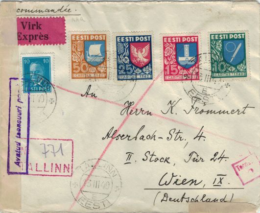 Cover 1940 from Tallinn to Vienna with surcharge stamps