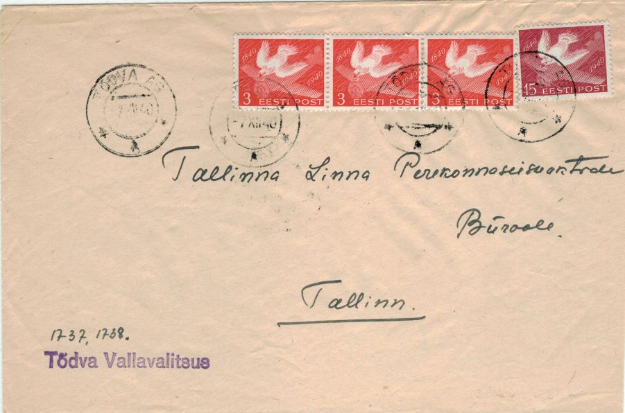 Brief 1940 von der Tõdva Agentur nach Tallinn