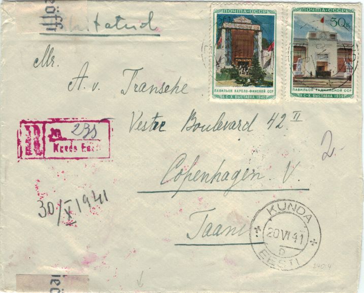 Zensierter Brief 1941 von Kunda nach Kopenhagen Vorderseite