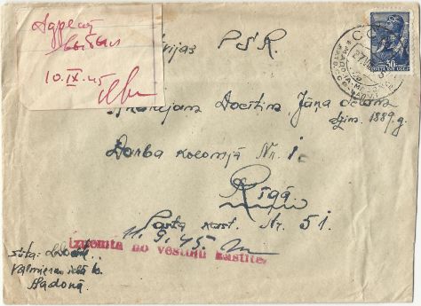 Brief in die Arbeitskolonie Nr. 1c in Riga, 1945