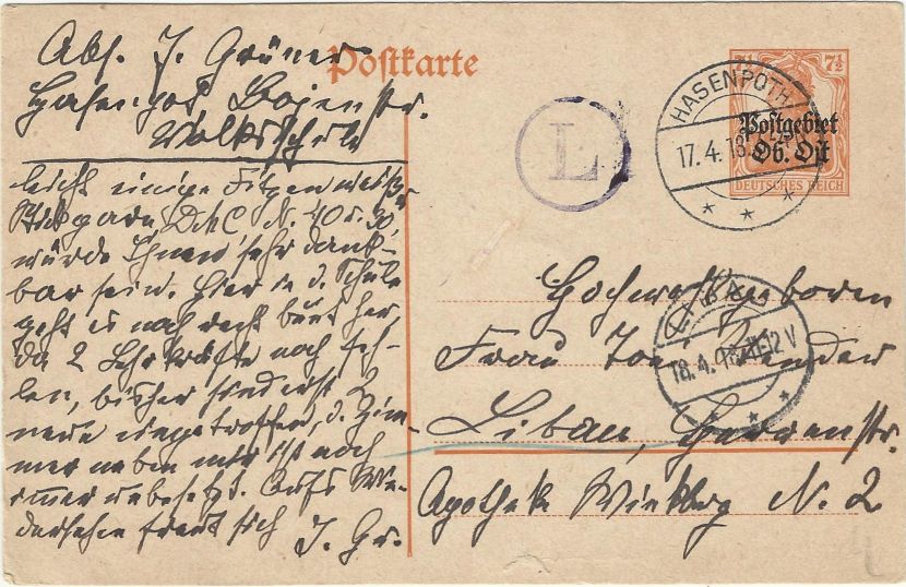 Postcard with censorship 1918 from Hasenpoth to Libau