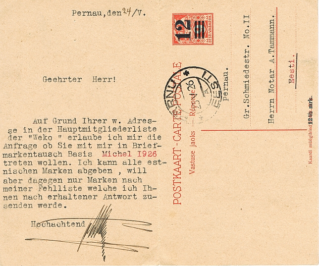Postal stationary 1926 from Pernau to Colmar in France