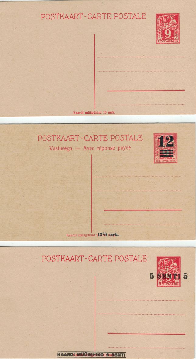 Postal stationery Michel P2, P6, P10 without and with overprints