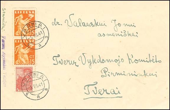 Domestic cover with mixed franking of Lithuanian and Soviet stamps
