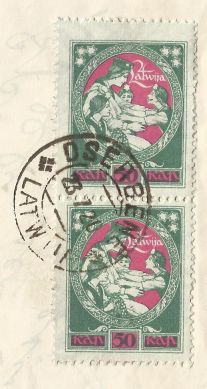 Briefmarken mit symbolischer Darstellung der Rückkehr der Tochter Latgale (Lettgallen) zur Mutter Latvija (Lettland), 1920.
