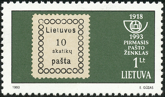 75th Anniversary of the Lithuanian Post Office, Mi-No. 543, with illustration of Lithuania's first stamp of 1918, Mi-No. 1