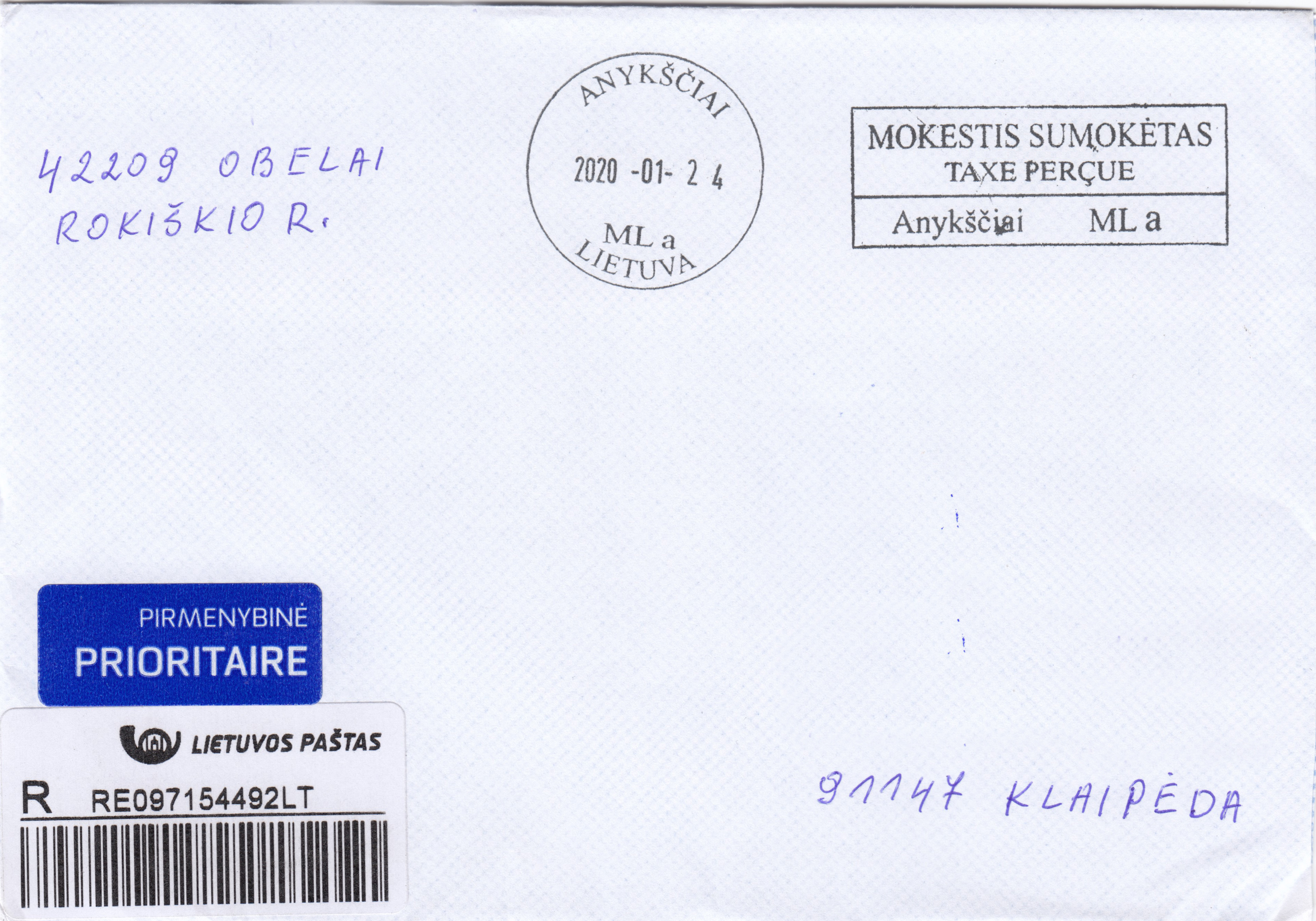 Prepaid letter, posted with the mobile carrier with postmark ML (type 6, reduced, addresses partly removed)