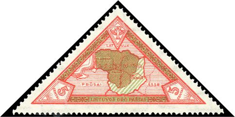 Mi-Nr. 316 (Mi-No. 316 (1st airmail issue Lietuvos Vaiko) reproduces a map of Lithuania with the claimed areas with Grodno, Suwalki, Lida and the Vilnius area
