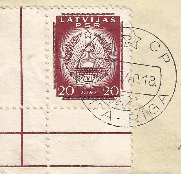 20 Santim stamp of the Latvijas PSR issue, October 21, 1940