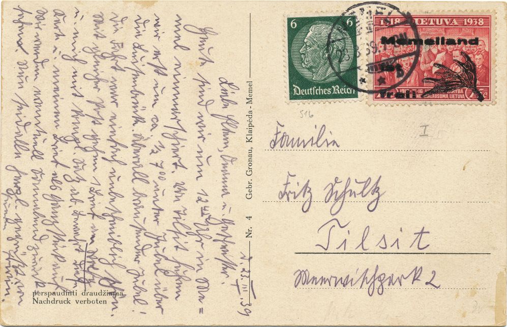 Picture postcard with local issue and German stamp in mixed franking dated 23.3.1939