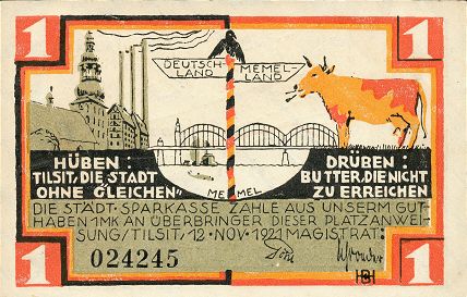 Emergency money of the city of Tilsit from November 1921 with a beautiful illustration of the situation in the Memel Land border area.