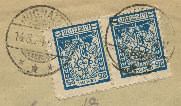Briefstück vom 14. 3. 1924 mit litauischen Briefmarken, deren Verwendung erst ab dem 8. 5. 24 legal war und altem deutschem Stempel