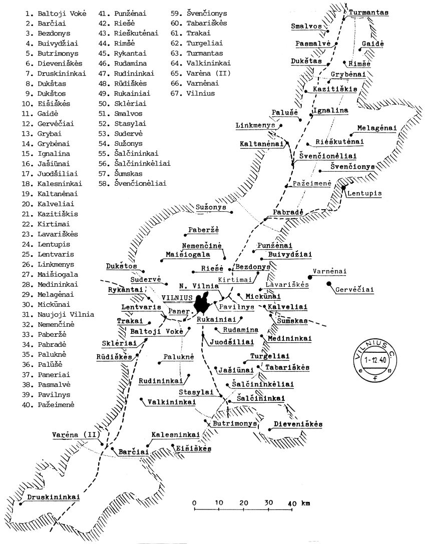 Karte Das Gebiet um Vilnius/Wilno/Wilna mit Postorten 
