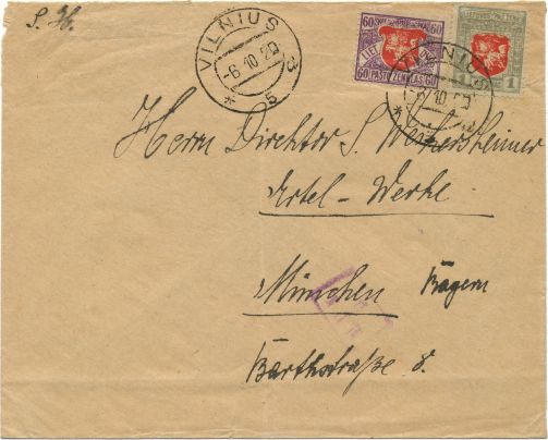 Letter from Vilnius to Frankfurt with Lithuanian franking, posted on October 6, 1920