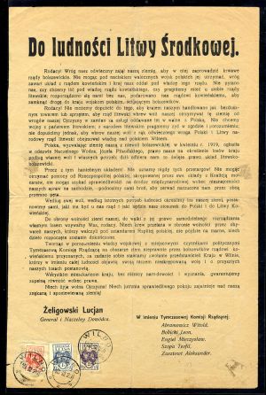 Proklamation General Želigowskis „an das Volk Mittellitauens“ mit aufgeklebten Marken Mi-Nrn. 1-3