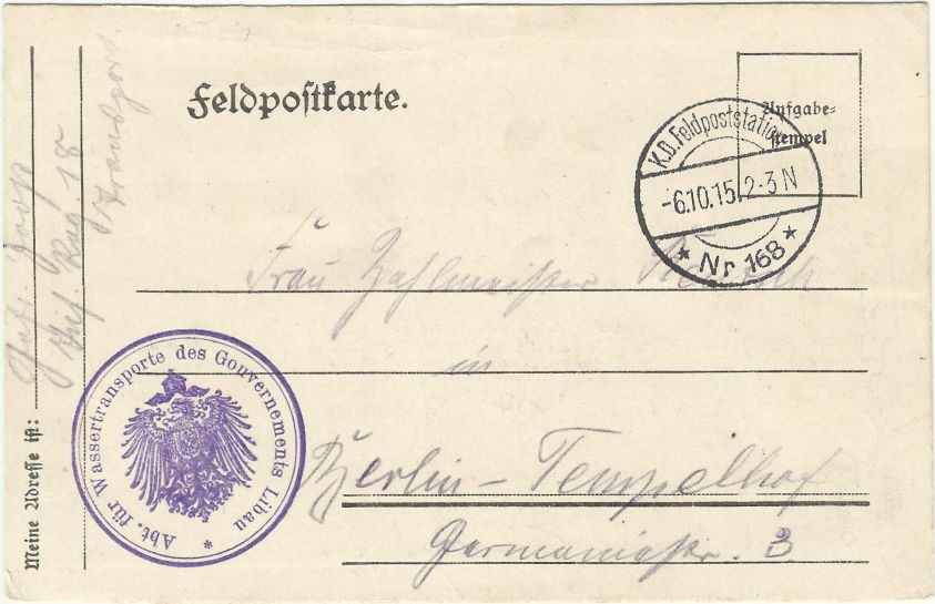 Feldpostkarte 1915 von Libau nach Berlin