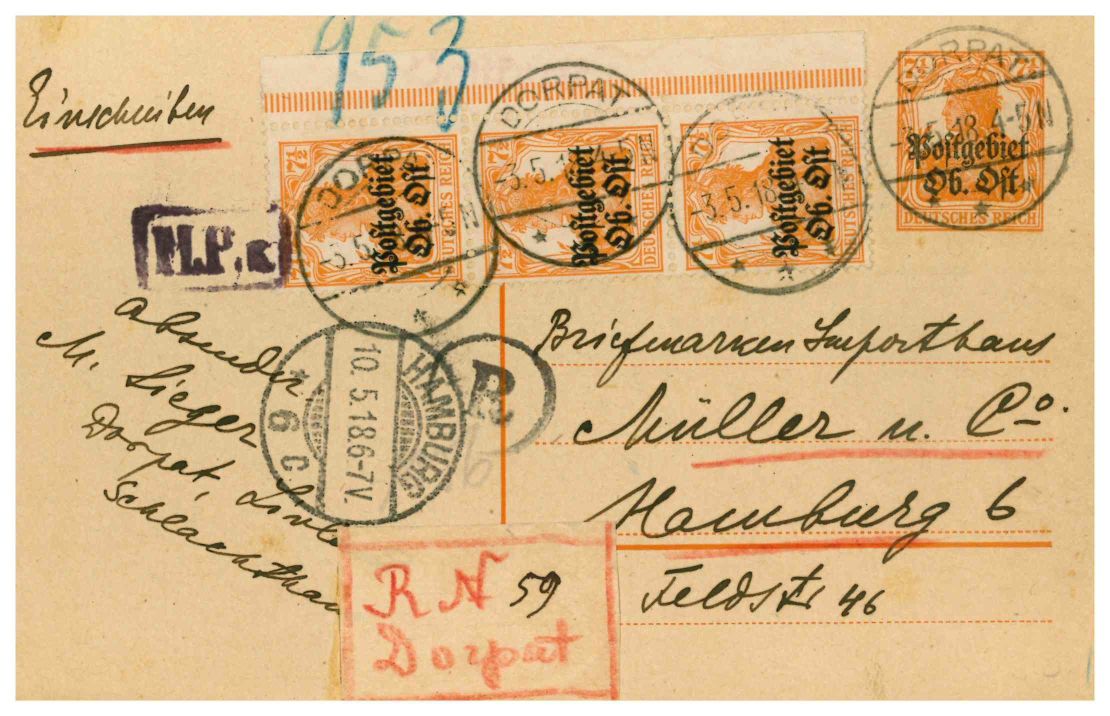 Postkarte 1918 von Dorpat nach Hamburg