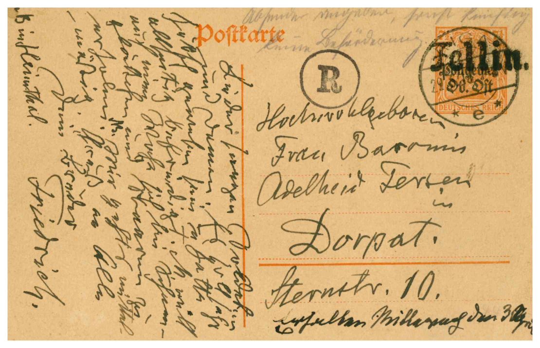 Postkarte 1918 von Fellin nach Dorpat über Riga