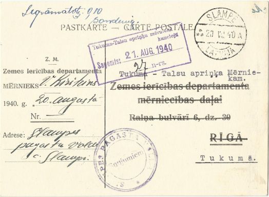 Postcard form from Slampe to Tukums-Talsi, August 20, 1940, front side