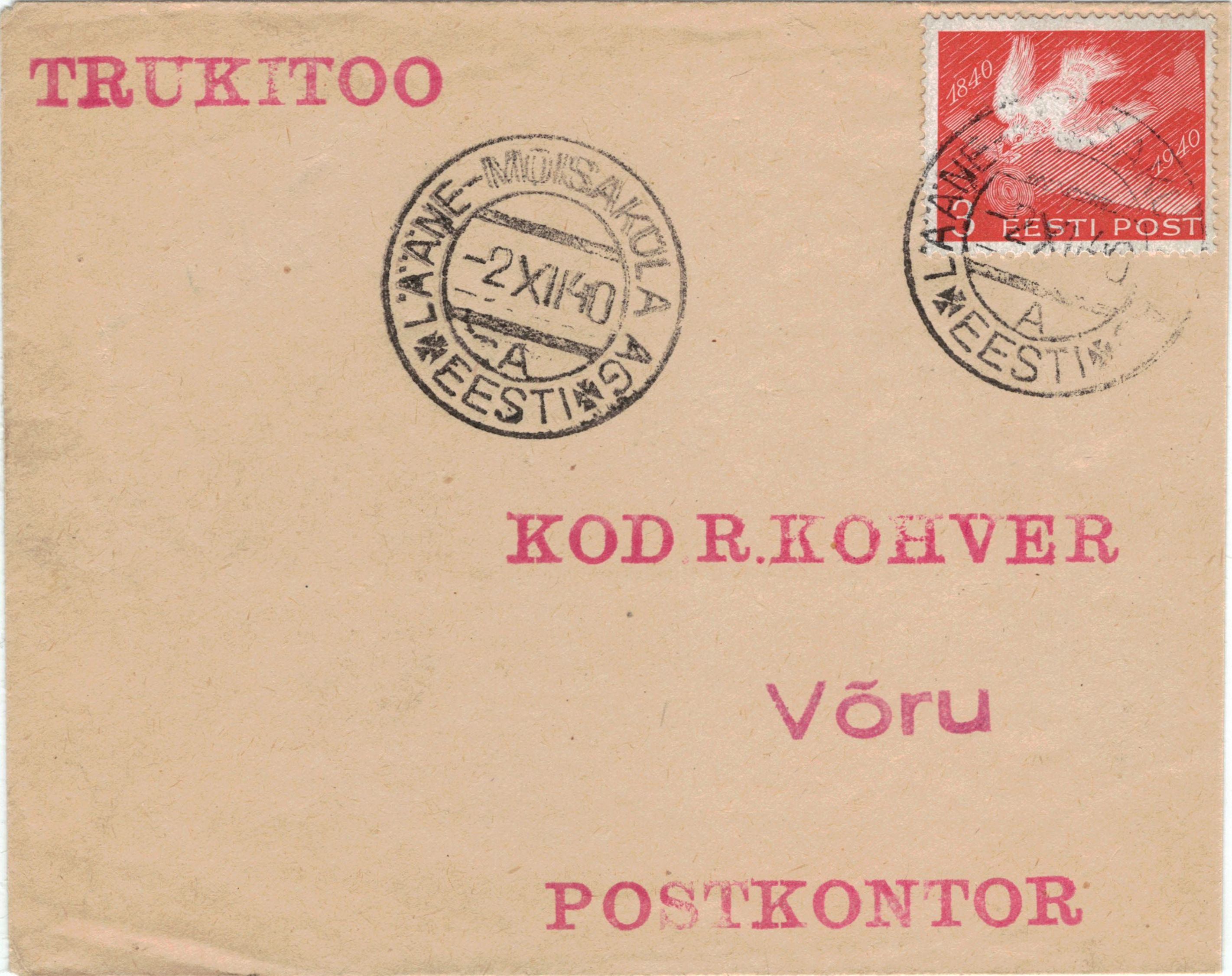 Postmark 1940 Lääne-Mõisaküla Postal Agency